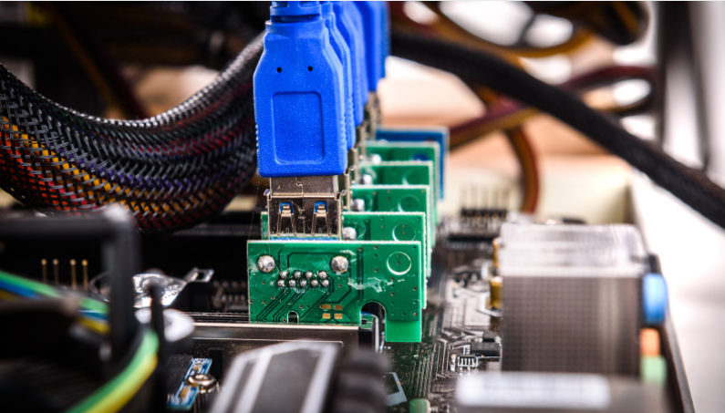 PCIe riser extenders plugged to motherboard stock photo