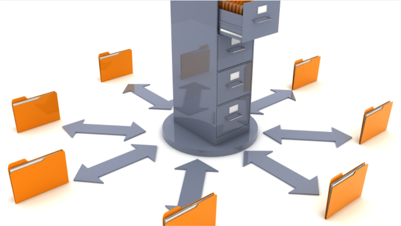 A Drawer that connects to 7 folder  which shows Data Storage and Management - Benefits of Shared Storage