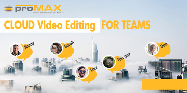 team editing video in the cloud over city